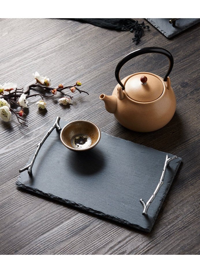 FUKE Slate Cheese Board 30*20 cm with Handle Charcuterie Boards Natural Slate Stone Plate Tray, Gourmet Serving Platter for Meats, Fruits, Parties, Appetizers - Image 1